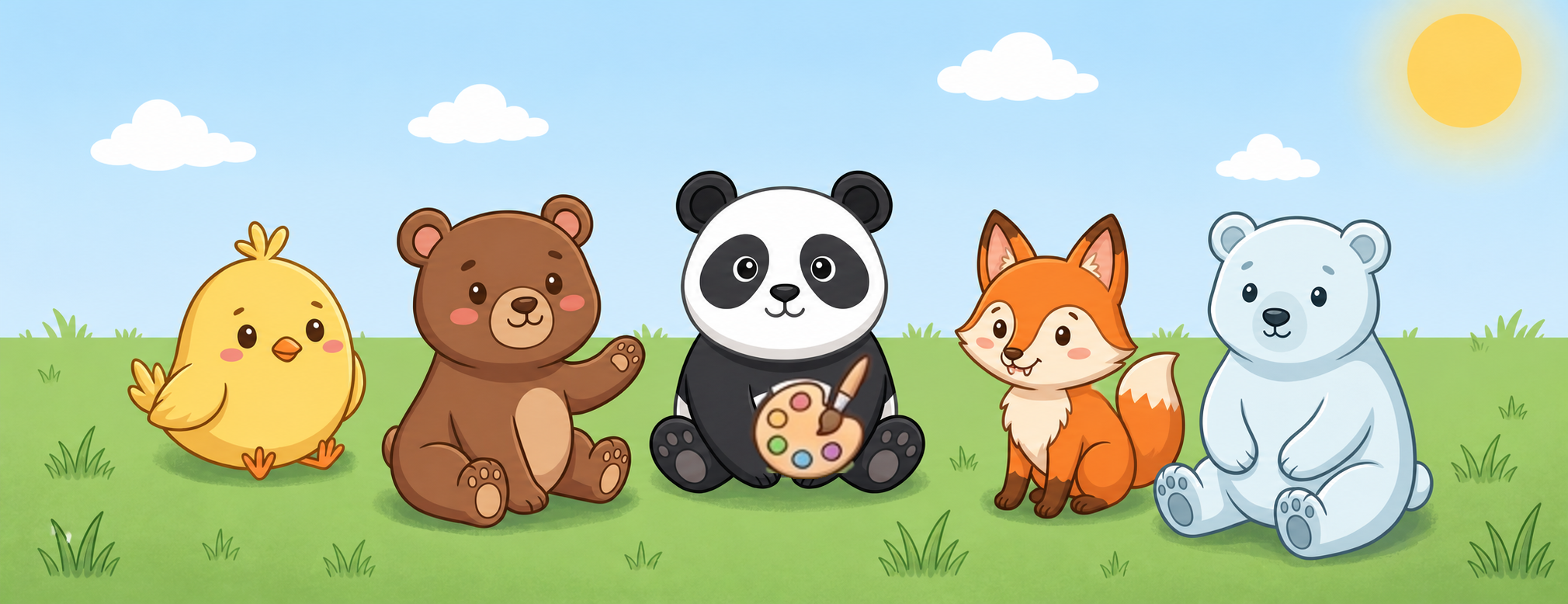 A chick, bear, panda holding a paint palette and brush, fox, and polar bear sitting together in a sunny kawaii field